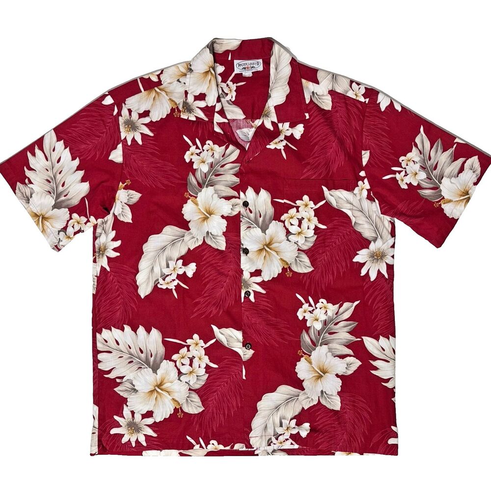 Pacific Legend Hawaiian Aloha Shirt Made in Hawaii Red Hibiscus Floral Men Sz. L